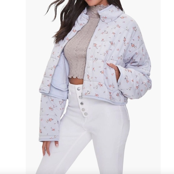 Light Blue & Multi Floral Print Quilted Jacket - Picture 1 of 7